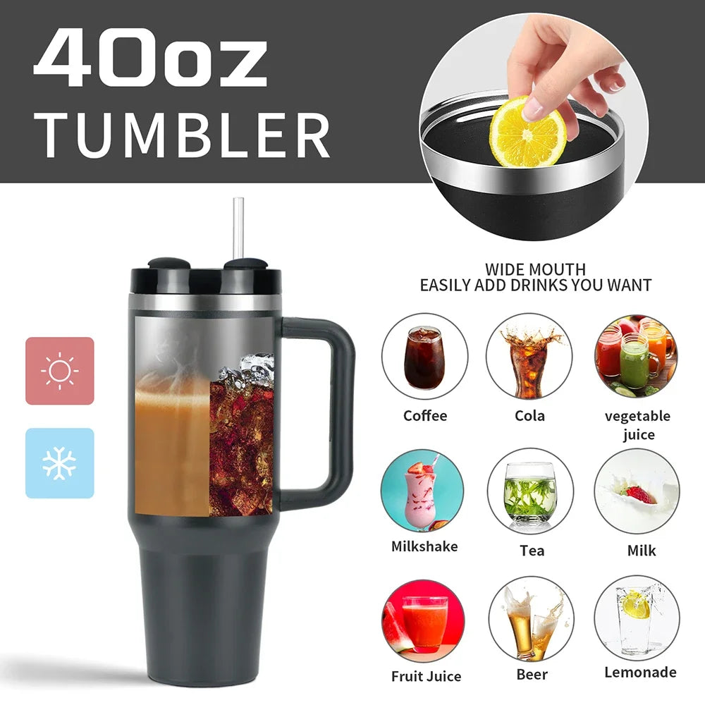 40Oz Tumbler Thermos Bottle Stainless Steel Insulation Coffee Cup with Handle and Straw Portable Kettle Travel Car Ice Cup