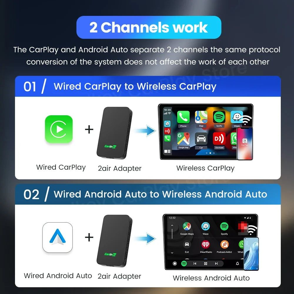 5 2Air Wireless Carplay Android Auto Wireless Box 2In 1 Adapter 2-Channel Work Waze Spotify 5.8Ghz Wifi BT5.0 Siri GPS