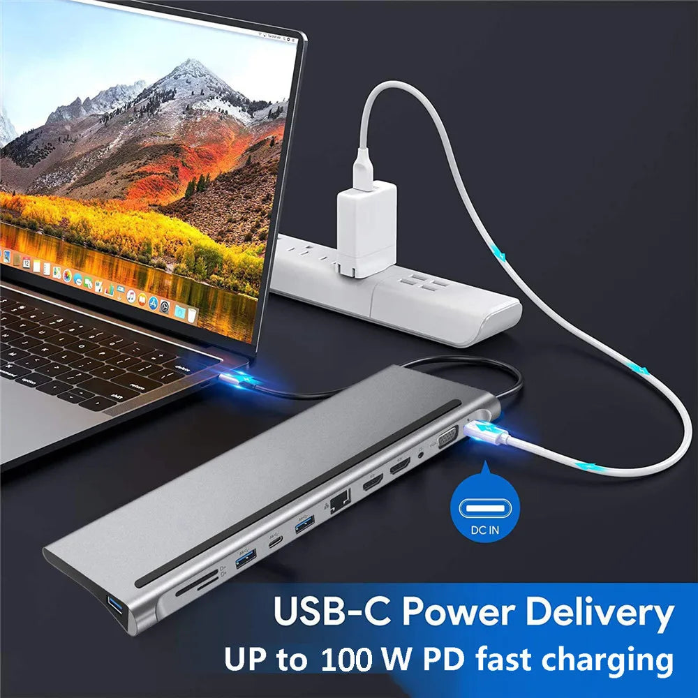 MZX Docking Station USB Hub Laptop Type C to HDMI-Compatible VGA 3.0 2.0 Dock PD 100W for Macbook Sony HP Dell XPS Lenovo Asus