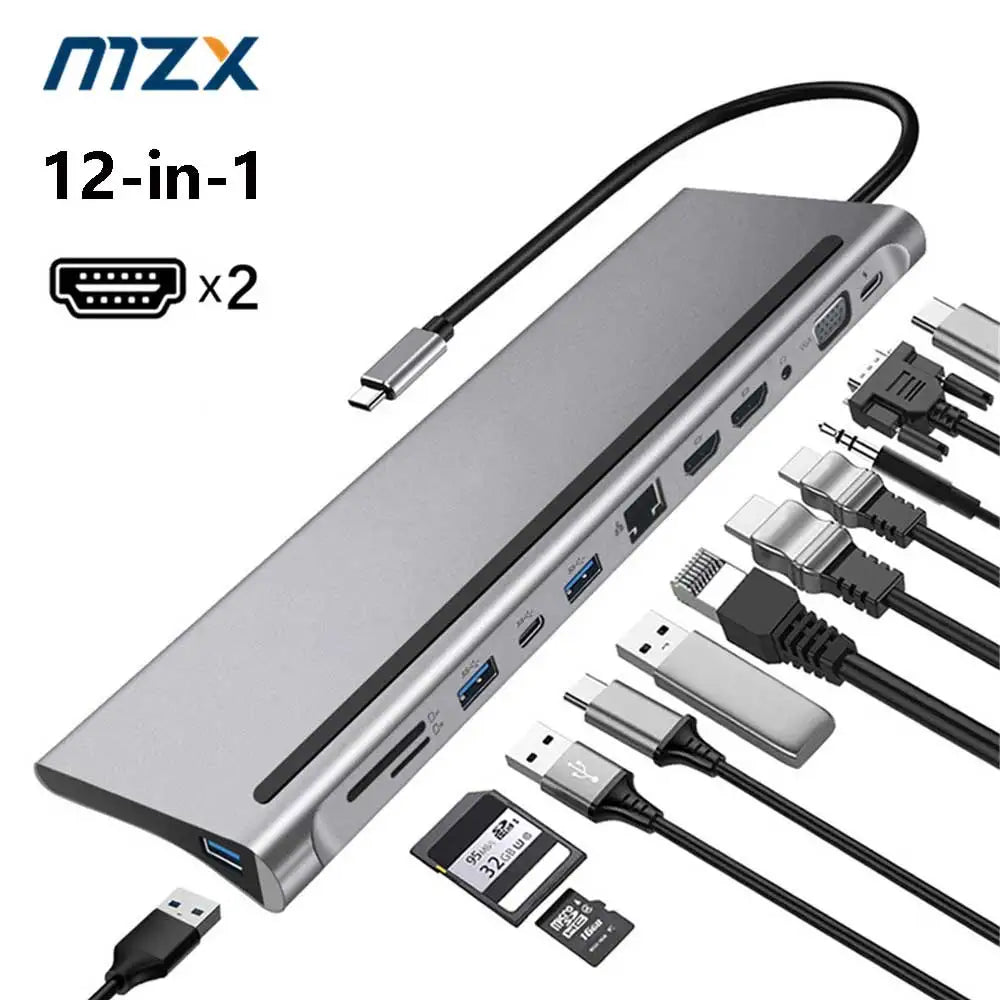 MZX Docking Station USB Hub Laptop Type C to HDMI-Compatible VGA 3.0 2.0 Dock PD 100W for Macbook Sony HP Dell XPS Lenovo Asus