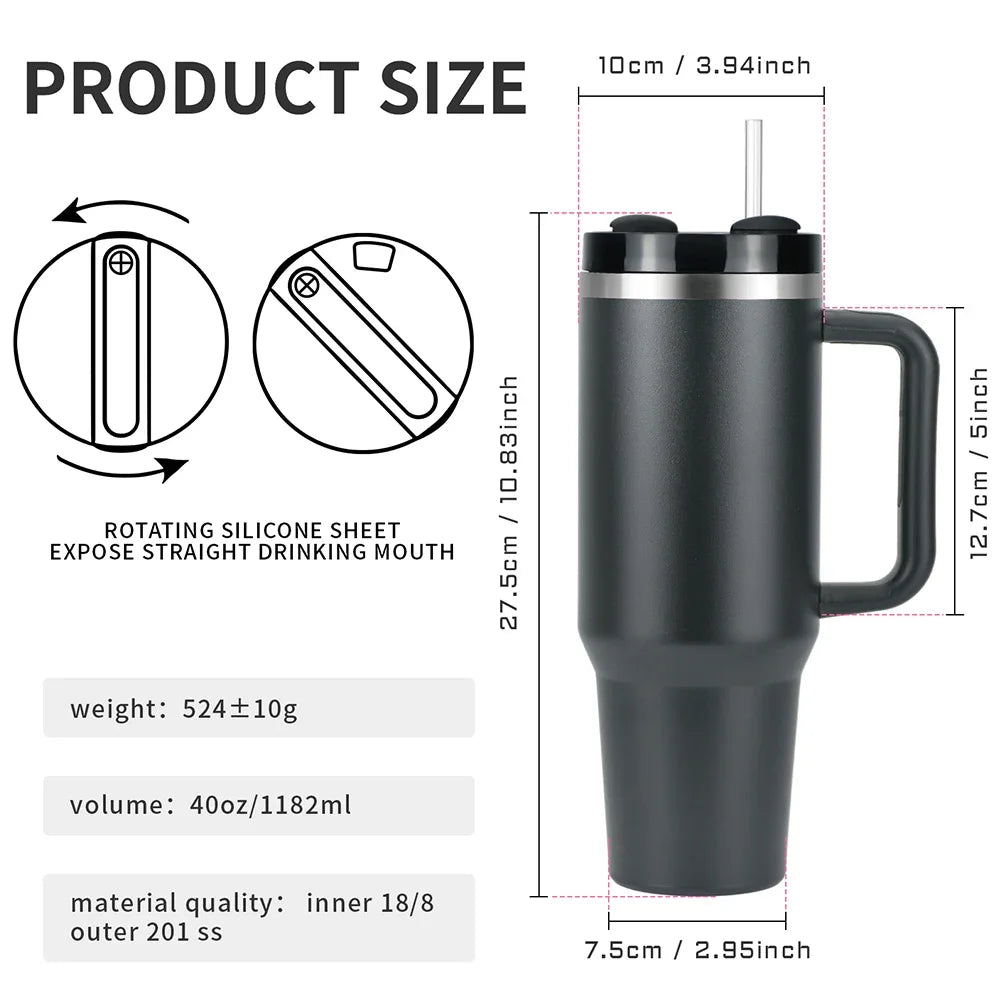 40Oz Tumbler Thermos Bottle Stainless Steel Insulation Coffee Cup with Handle and Straw Portable Kettle Travel Car Ice Cup